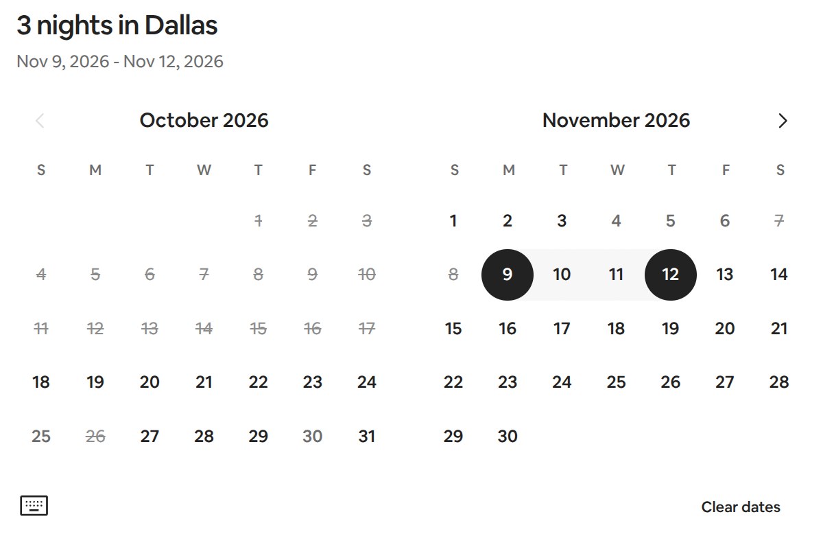 The guest side Airbnb calendar with a three night stay selected and some dates crossed out