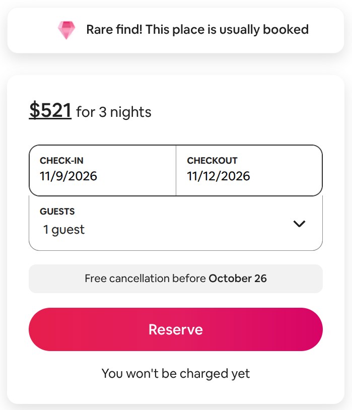 The Airbnb booking widget showing the total for the selected dates above the Reserve button