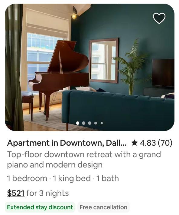 Airbnb search results tile for a Dallas apartment showing the total for a three night stay